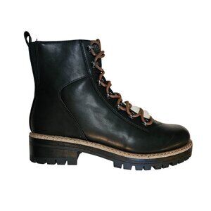 Black Leather Lace-Up Combat Boots With Faux Fur Lining & Side Zipper - Size 10